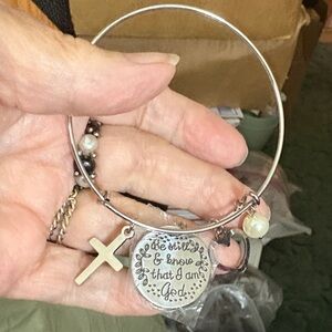 Inspirational Silver Bangle Bracelet with Cross Charm